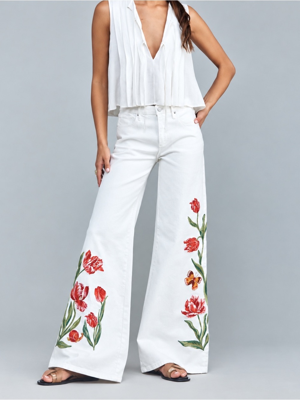 Driftwood Penelope Twirly Tulips Embroidered Wide Leg White Jeans